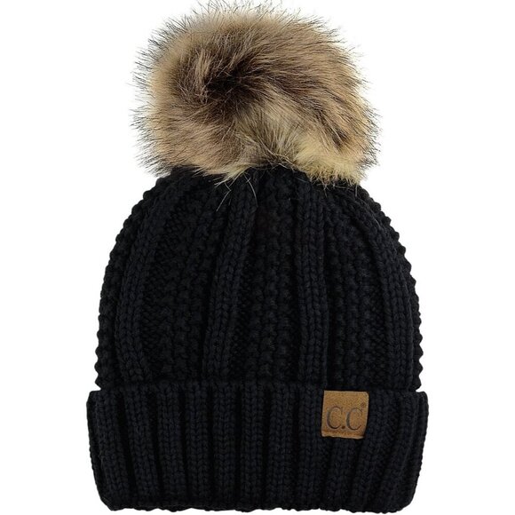 ✨ C.C  Faux Fuzzy Fur Women Black Thick Cable Knit Pom Fleece Cuff Beanie Cap - Picture 1 of 4